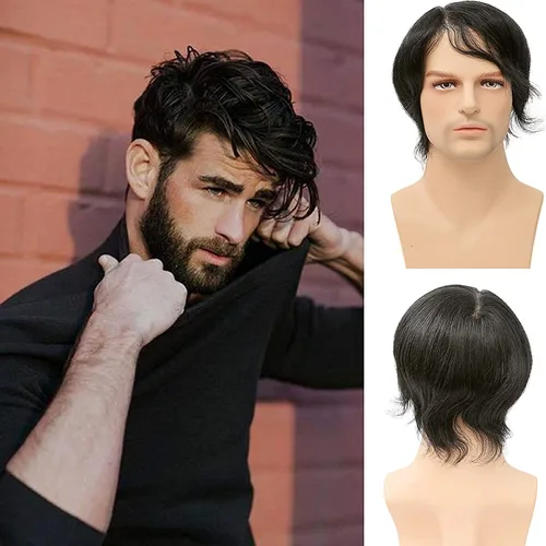 Miniatura 17 de Toupee de piel fina suave de 0.002 in PU 10x8 pulgadas reemplazo de cabello para hombres postizo 100% europeo piezas de cabello humano para hombre