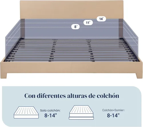 Miniatura 7 de Allewie - Base de cama tamaño King con cabecera ajustable, cama tapizada con plataforma y listones de madera, base de colchón resistente, no Beige