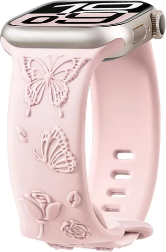 Miniatura 12 de Melyis Correa deportiva de silicona suave grabada con diseño floral y mariposa compatible con Apple Watch de 1.575 pulgadas, 1.614 pulgadas, 1.496