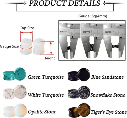 Miniatura 10 de Qmcandy - Juego de 6 pares / 16 pares de dilatadores para las orejas, de piedra mixta, expansores, conjunto de perforación corporal calibre 8G a 3/4
