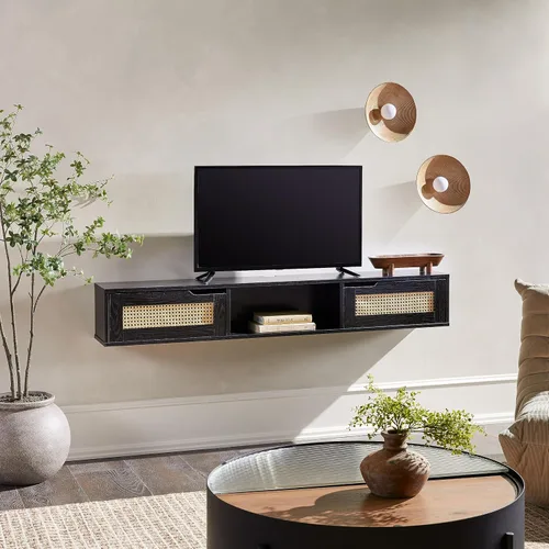 Miniatura 2 de Walker Edison Destin Modern Soporte para TV Flotante de Ratán con Puerta Abatible Montado en Pared para TVs de hasta 65 Pulgadas, 58 Pulgadas, Negro