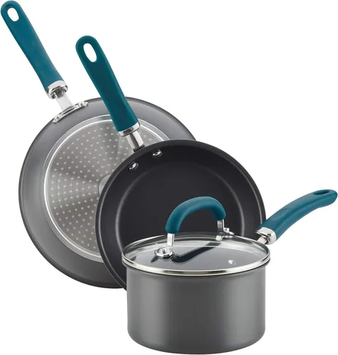 Miniatura 9 de Rachael Ray Create Delicious - Juego de ollas y sartenes antiadherentes anodizadas duras, 11 piezas, color gris con asas verde azulado