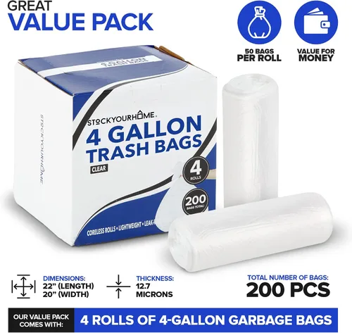 Miniatura 2 de Stock Your Home Bolsas de basura pequeñas sin perfume de 4 galones, 200 unidades, 12.7 micras de grosor, sello de estrella a prueba de fugas, caja