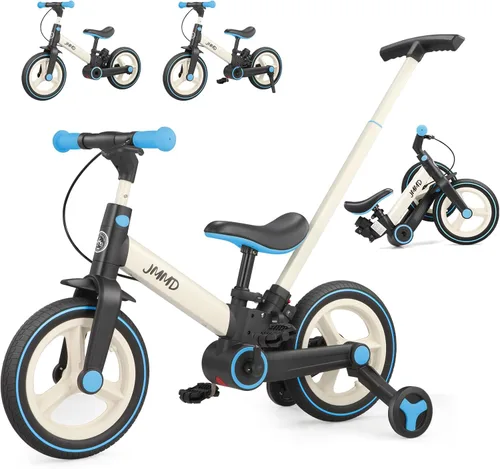 JMMD Bicicleta 6 en 1 para niños de 18 a 60 meses, bicicleta de equilibrio plegable de 12 pulgadas con ruedas de entrenamiento, pedales, frenos, Azul