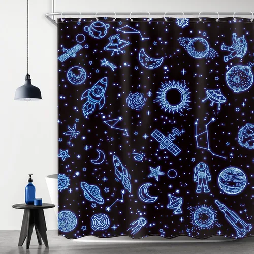 Miniatura 10 de Cortina de ducha para niños, diseño de planeta de dibujos animados, universo lindo, galaxia, espacio, luna, juego de baño para niños, estampado de A