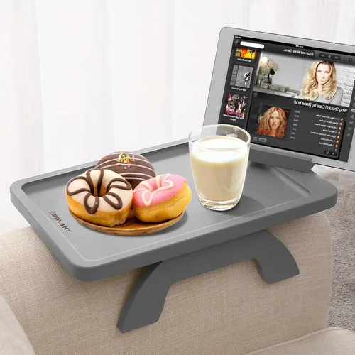 Miniatura 9 de SINWANT Mesa de Brazo para Sofá, Mesas de Reposabrazos de Sofá de Madera de Acacia, Mesa de Reposabrazos de Sofá con Soporte para Teléfono de 360°