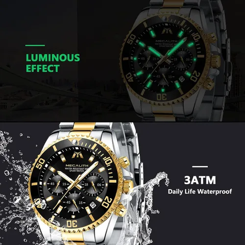 Miniatura 5 de MEGALITH Relojes para hombre, acero inoxidable, impermeable, analógico, de cuarzo, cronógrafo, de negocios, para hombres, fecha automática