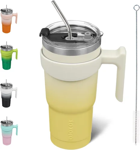 Miniatura 32 de BJPKPK Vaso con asa de acero inoxidable de 20 onzas, con aislamiento de doble pared, con tapa y pajita, color rosa claro A-rosa claro
