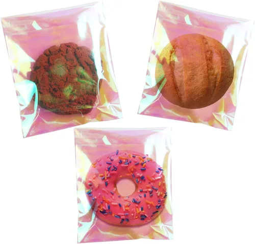 SUREHOME Bolsas para galletas con sellado, 100 unidades, 5 x 6 pulgadas, holográficas, iridiscentes, autoadhesivas, bolsas de celofán con sellado,