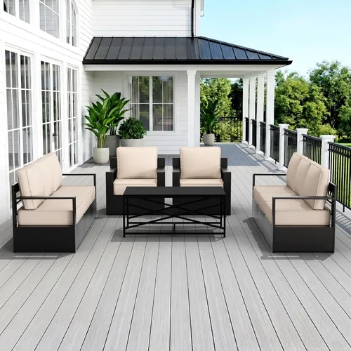 Miniatura 11 de Muebles de Patio al Aire Libre de Aluminio, Sillas de Metal para Todo Clima con Cojines de 6 Pulgadas de Grosor, Asiento Profundo para Jardín, Beige