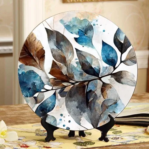 Placa de cerámica de arte geométrico azul y marrón de 10 pulgadas perfecta para exhibición de mesa y decoración de pared con soporte DP-638945737