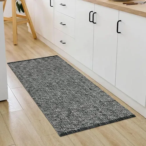 Miniatura 2 de LEEVAN Alfombras lavables para cocina de 2 x 4.3 pies, alfombras de baño negras estilo bohemio de algodón reversibles, alfombra reversible