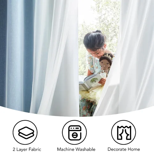 Miniatura 7 de Cortinas 100% opacas con superposición de gasa Mix and Match de doble capa, 54 pulgadas de largo, 2 paneles para dormitorio y sala de estar, azul