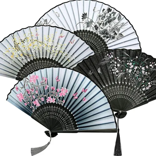 Miniatura 11 de Zonon Paquete de 4 abanicos plegables florales de mano, abanicos de bambú de seda con borla para mujer, ventilador plegable de mano ahuecado