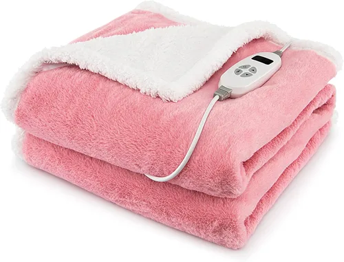 PETSITE Manta térmica eléctrica, manta reversible de forro polar Sherpa de 60 x 50 pulgadas con 10 ajustes de calor, apagado automático de 9 horas,