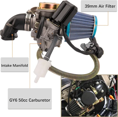 Miniatura 5 de GY6 - Carburador de 50 cc para scooter de 49 cc y 50 cc, carburador de 4 tiempos de alto rendimiento 139QMB con colector de admisión, se adapta al