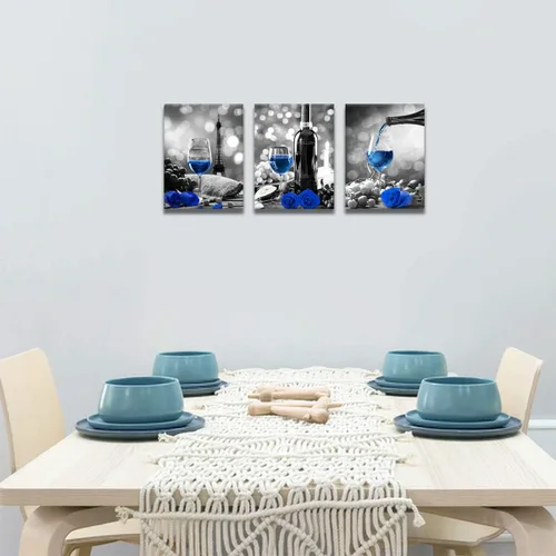 Miniatura 8 de Obras de arte de rosas de vino para paredes del hogar, blanco y negro con pintura de vino azul, decoración de comedor, cuadros de cocina azules