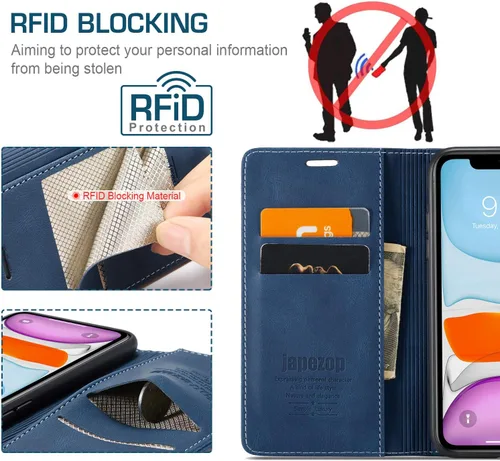 Miniatura 3 de japezop Funda compatible con iPhone 11, iPhone 11 con bloqueo RFID, soporte de tarjetero, funda de cuero con tapa para iPhone 11 de 6.1 pulgadas Azul