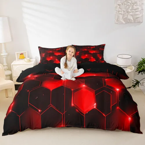Miniatura 14 de Funda de edredón hexagonal verde estereoscópica de nido de abeja para niños, diseño geométrico de colmena, funda de edredón geométrica de panal