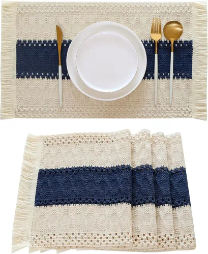 Miniatura 10 de Juego de 4 manteles individuales verdes de macramé para decoración de mesa con flecos, manteles individuales tejidos de arpillera natural para mesa