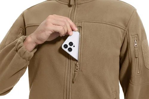 Miniatura 4 de CRYSULLY Chaqueta de forro polar táctica con cremallera completa para hombre, abrigo de invierno con múltiples bolsillos
