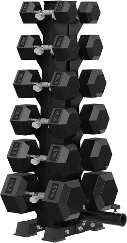 Miniatura 17 de HANDBODE Juego de mancuernas hexagonales recubiertas de goma con estante de marco en A, 100 libras - 600 libras, múltiples opciones