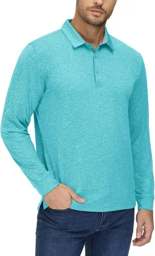 Miniatura 2 de TACVASEN Polo de 3 botones para hombre, manga larga, casual, elástico, ajuste regular, deportes, senderismo, golf