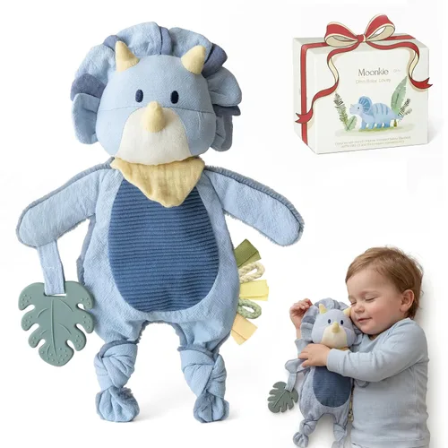 Moonkie Baby Lovey con mordedor de silicona, manta de seguridad de dinosaurio con cintas texturizadas, juguetes arrugados, terciopelo Minky suave y