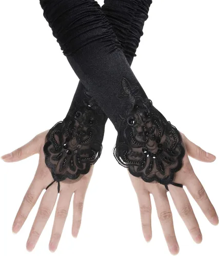 PENTA ANGEL Guantes largos negros de ópera de los años 20 con trabillas para los dedos, elásticos sin dedos, bordado floral, lentejuelas, satén,