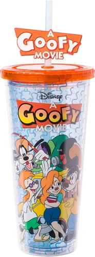 Silver Buffalo Disney Una Loca Aventura de Goofy con Goofy, Max Goof, Roxanne y Bobby Zimuruski - Vaso de plástico para bebidas frías con tapa y