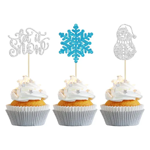 Miniatura 30 de Gyufise Paquete de 24 adornos de copos de nieve Oh Baby para cupcakes con purpurina azul Frozen Oh Baby Pick Decoraciones para baby shower