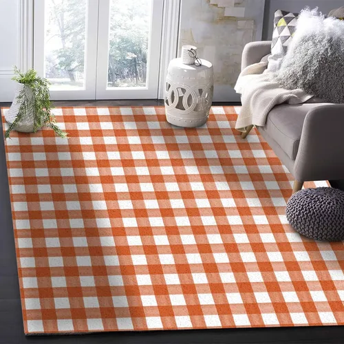 Miniatura 6 de Alfombra de área a cuadros naranja quemado para sala de estar/dormitorio, alfombra de área antideslizante de 2 x 3 pies, alfombra de área de lana