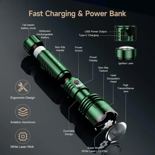 Miniatura 8 de SKYFIRE 1376 linternas LED con lente de encendido, recargable de 2000 lúmenes altos, luz de flash zoomable, 5 modos, impermeable, IPX6, potente