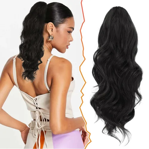 BARSDAR Extensión de cola de caballo con cordón, extensiones de cabello ondulado corto de 16 pulgadas en color negro para mujeres - Postizo