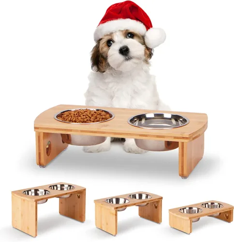 Cuencos elevados para perros, cuenco elevado de bambú para perros y gatos pequeños, con 2 cuencos de acero inoxidable (cuenco de 4 pulgadas de alto,