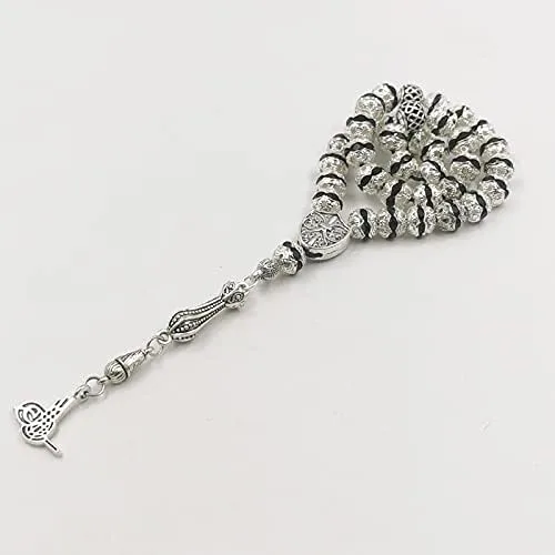 Miniatura 4 de Las mujeres Tasbih metal color plata rosario cuentas incrustadas cristal negro musulmán misbaha (0.315 in x 33 cuentas)