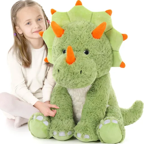 Miniatura 11 de Tezituor Animales de peluche de dinosaurio de 5 libras, 32 pulgadas, gran relleno verde de dinosaurio triceratops, juguete que brilla