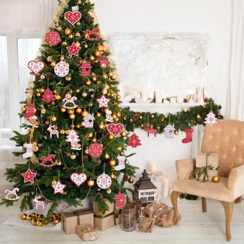 Miniatura 5 de IDATOO 32 piezas de adornos colgantes para árbol de Navidad de madera, regalo personalizado rústico de granja para árbol de Navidad en casa, ventana