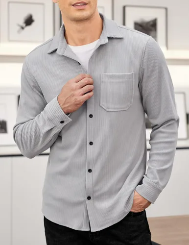 Miniatura 2 de COOFANDY Camisa de pana para hombre, estilo chaqueta ligera, de manga larga, con botones