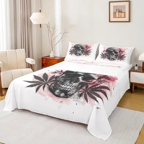 Miniatura 12 de Erosebridal Juego de sábanas de polilla de la muerte, diseño de calavera gótica, tamaño individual, juego de sábanas de flores botánicas con diseño