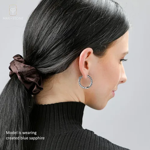 Miniatura 3 de MAX + STONE - Aretes de aro con piedras preciosas para mujer en plata de ley 925 de 1 pulgada de diámetro y piedra natal de 0.118in con poste