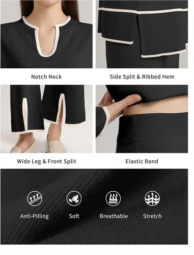 Miniatura 5 de SuperPrity Conjunto de 2 piezas de suéter para mujer, con cuello de muesca, manga larga, suéter de punto y pierna ancha