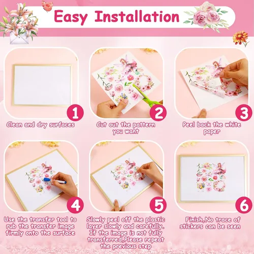 Miniatura 3 de gisgfim 12 hojas de flores de hadas para manualidades y muebles, calcomanías decorativas para primavera y verano, papel de oficina en casa, madera