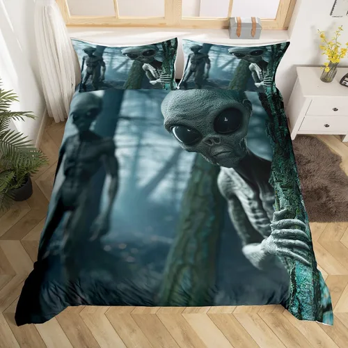 Funda de edredón con estampado de extraterrestre, juego de ropa de cama de nave espacial para niños y niñas, decoración de habitación de