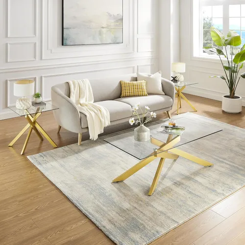 Miniatura 8 de Mesa de café dorada para sala de estar, mesa de café moderna de vidrio con tapa de vidrio templado de 47" y patas metálicas tubulares para espacios