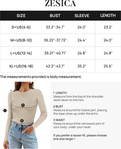 Miniatura 6 de ZESICA Camisetas de manga larga con cuello redondo para mujer, para otoño, de punto acanalado, ajustadas, casuales, color sólido, básicas
