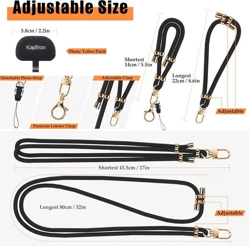 Miniatura 3 de Kaptron 2 cordones para teléfono celular: correa universal ajustable para teléfono y correa de muñeca, con 2 clips de langosta y 2 parches de Negro