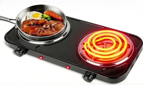 Quemador doble de 2000 W, placa eléctrica para cocinar estufa de cocina portátil, quemador de encimera para cocina, dormitorio, control de Negro