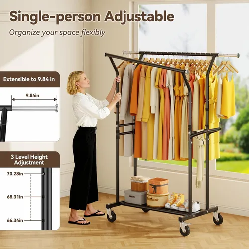 Miniatura 3 de Perchero de ropa resistente: 800LBS Perchero de ropa con ruedas para colgar abrigos, barras dobles, estantes de tela portátiles con ruedas Estante