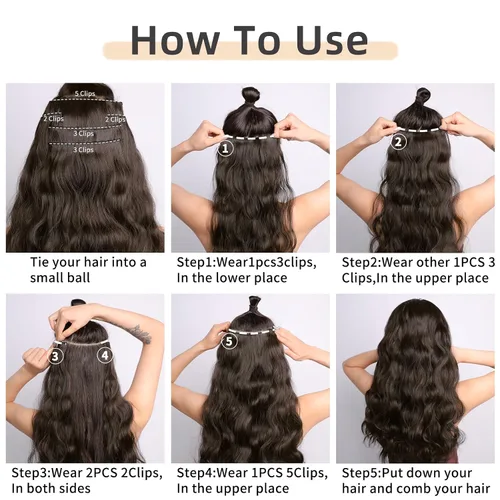 Miniatura 7 de Extensiones rubias onduladas con clip, de 18 pulgadas de largo, sintéticas, invisibles, gruesas, postizas, para mujeres, 5 piezas, rizadas, suaves